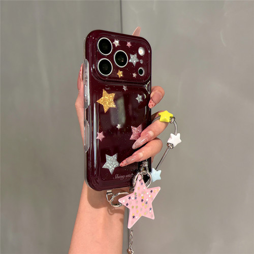 超好看独特彩色星星适用苹果18promax手机壳iphone17pro女新款16pro腕带链条15pro勃艮第红17全包防摔保护套