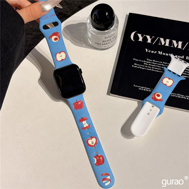 日韩ins油画卡通红苹果适用iwatchs10硅胶苹果手表applewatch10表带s9/s8新款s7小众ultra2磨砂45se女s6网红