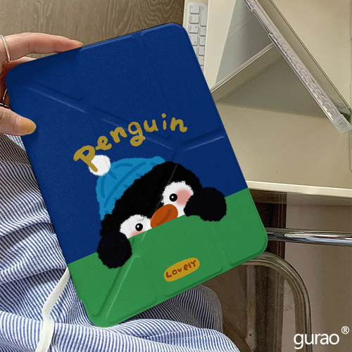 超可爱简约卡通企鹅Y+三折适用ipad11保护套air7/6新款ipad10带笔槽11寸防摔10.2/10.9苹果平板保护套mini7女