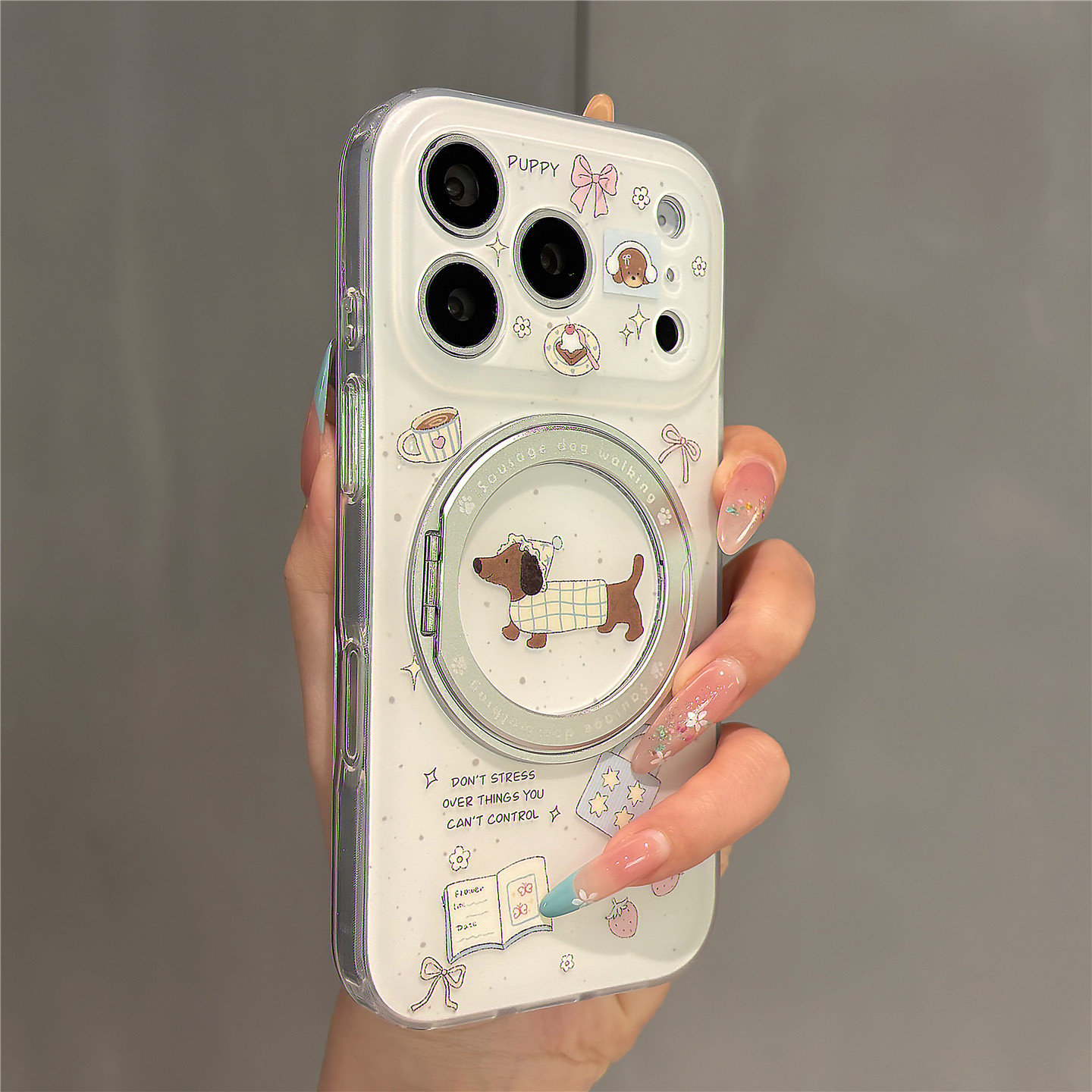 日韩奶白卡通可爱腊肠狗360旋转支架适用苹果17promax手机