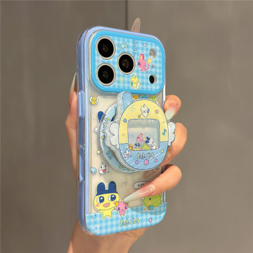古早蓝卡通格纹拓麻歌子磁吸支架适用苹果18promax手机壳iPhone17pro女新款16pro二合一双层壳15防摔14保护套
