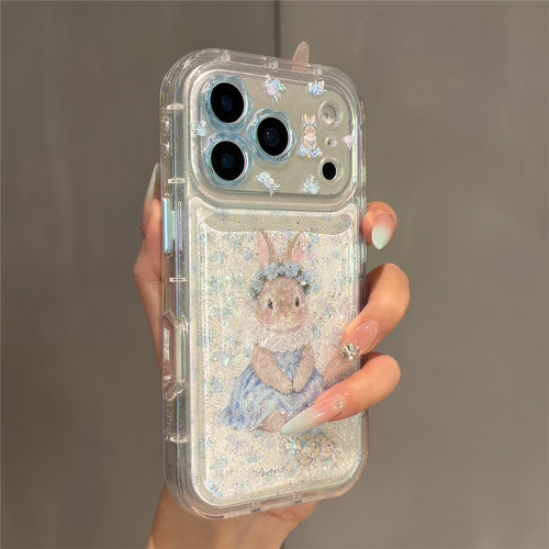 甜美卡通可爱蓝碎花兔子流沙壳适用苹果17promax手机壳iPhone17pro女新款16pro全包防摔15网红超火14保护套13