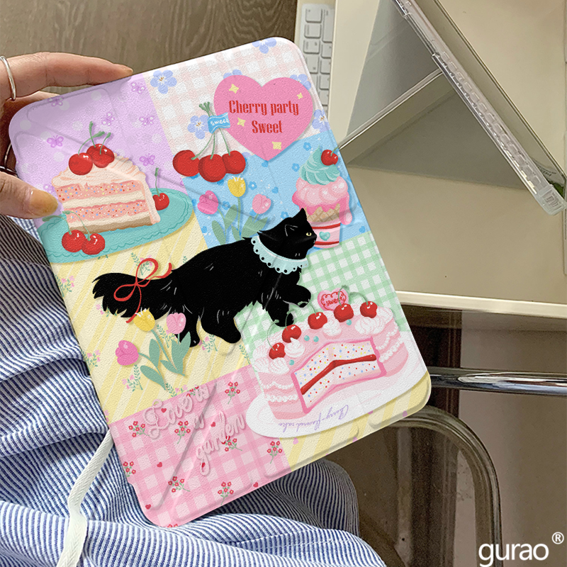 碎花拼接樱桃黑猫Y+三折适用ipad11保护壳ipadair7新款ipad10笔槽air6防摔air2025苹果平板保护套pro女mini7