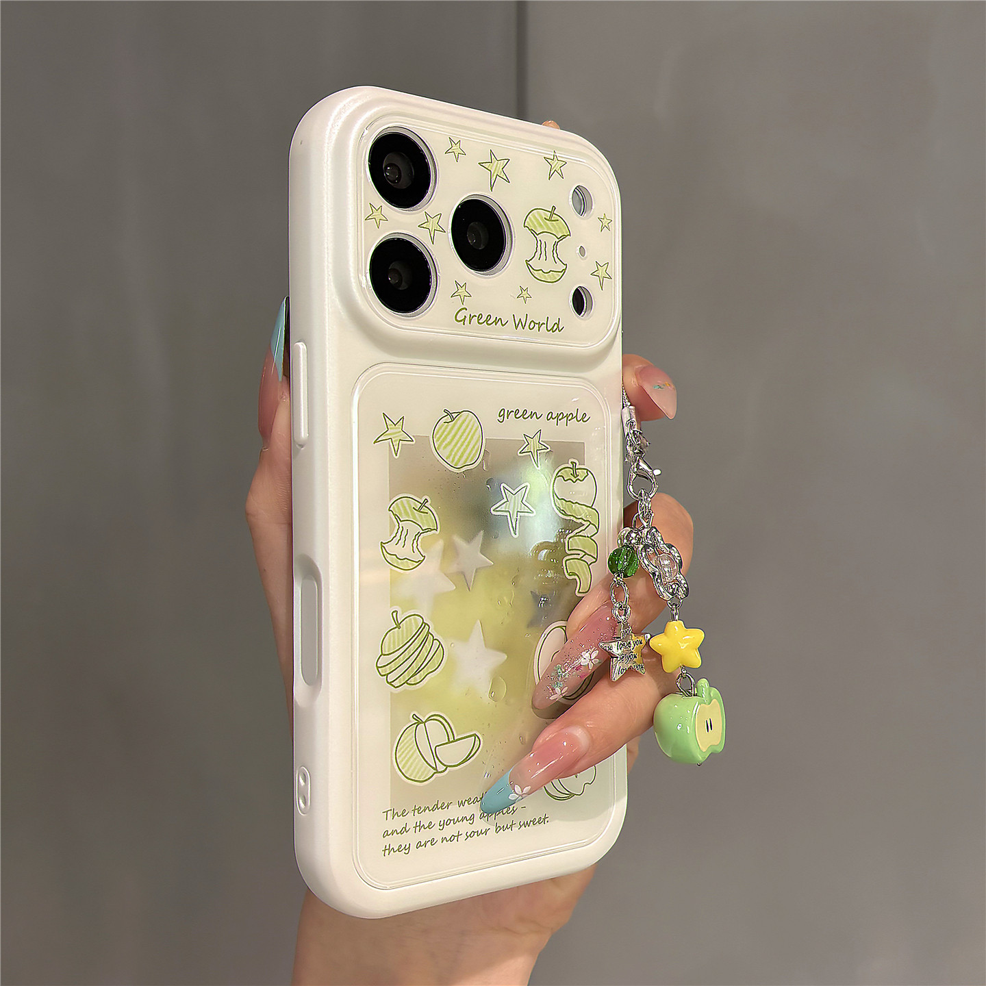 夏日小清新晕染青苹果带挂件适用苹果17promax手机壳iPhone17pro秒变大视窗16pro女新款15全包防摔保护套蓝光