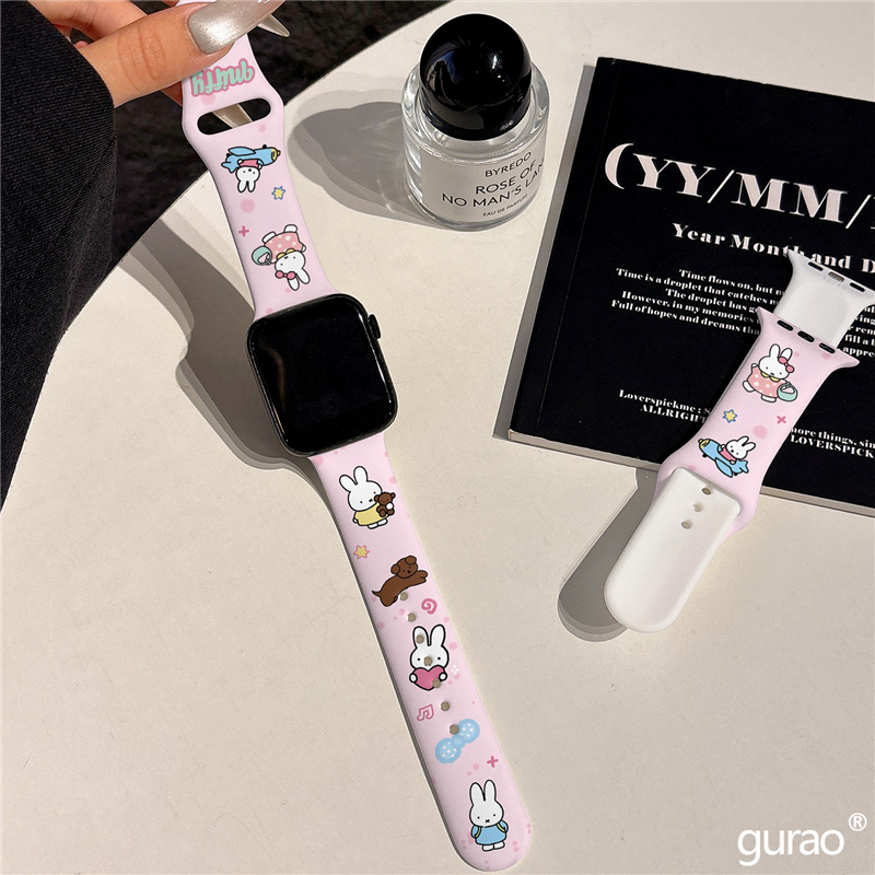 粉色卡通可爱米菲兔适用iwatchs10硅胶苹果手表applewatch10表带s9/s8新款s7小众ultra2磨砂45se女款s6网红
