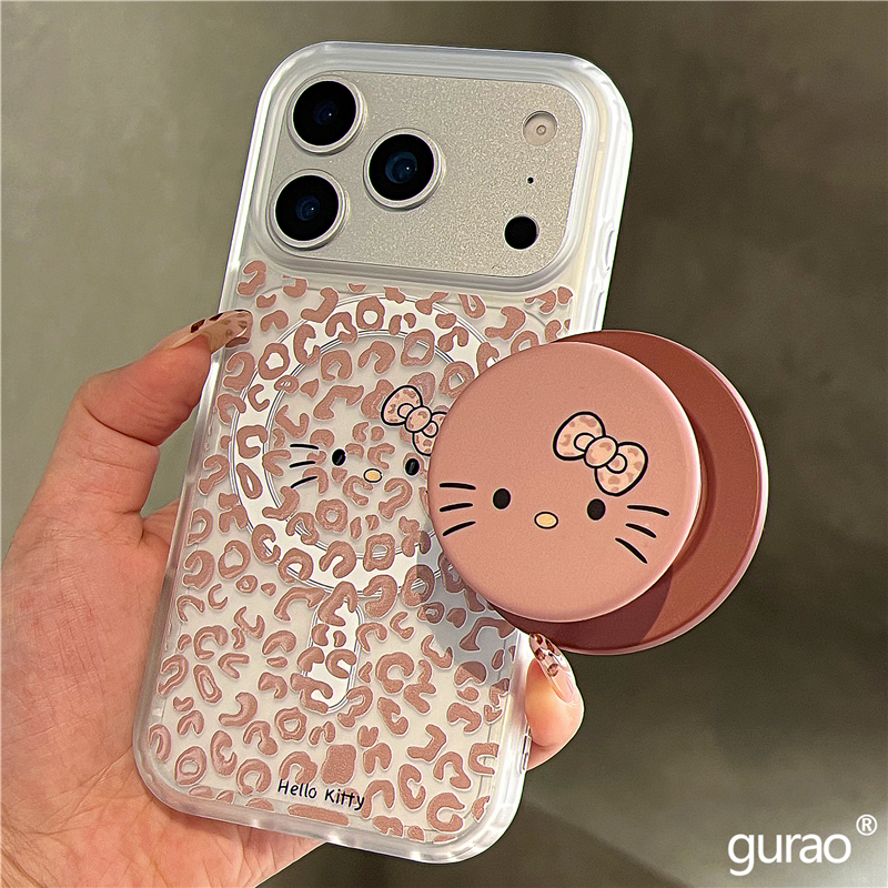 秋冬卡其色豹纹kt猫磁吸支架适用苹果17promax手机壳iphone16女新款15磨砂肤感17pro防摔16pro保护套14网红