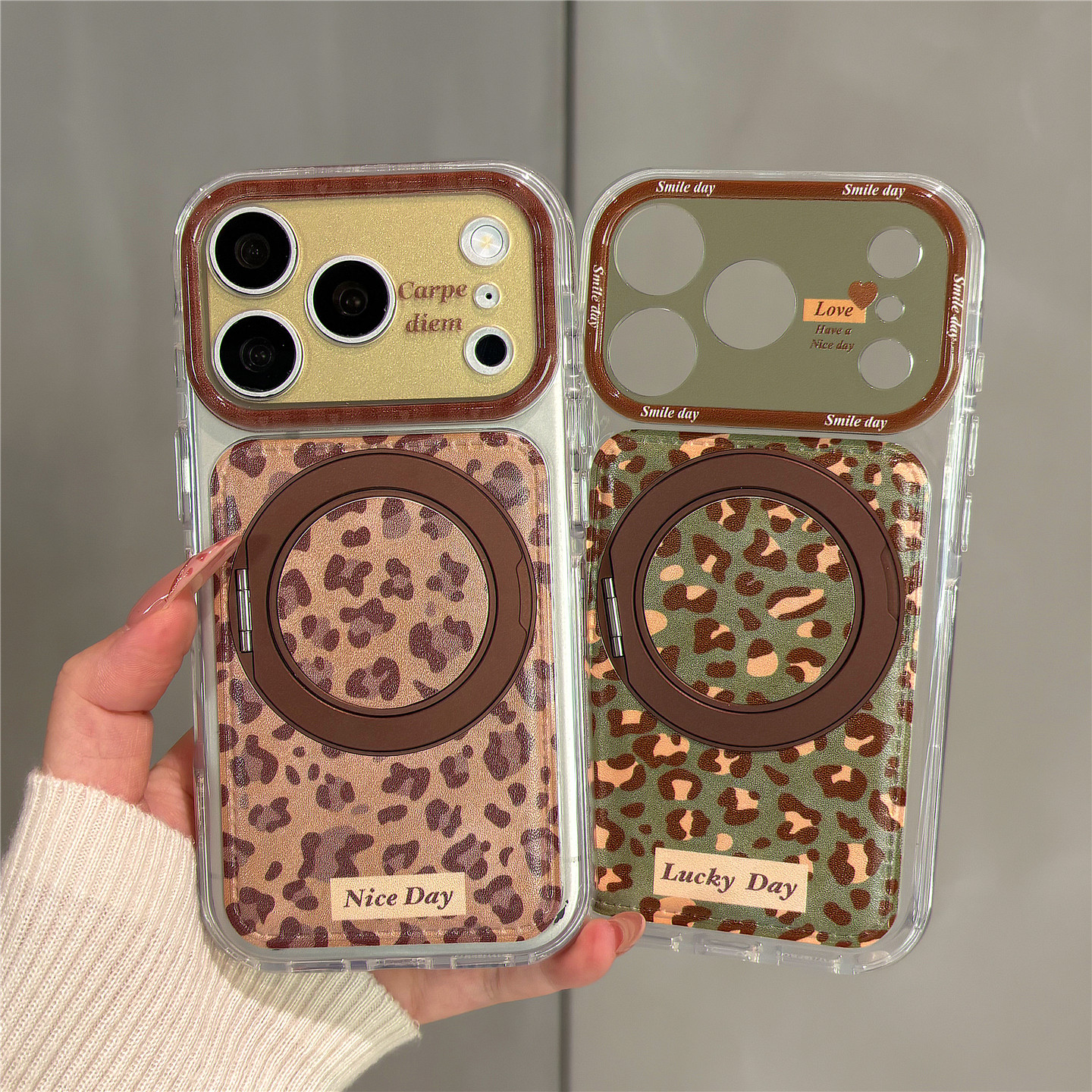 秋冬复古棕色豹纹360旋转支架适用苹果18promax手机壳iphone17pro新款16pro网红超火15pro全包防摔保护套男女