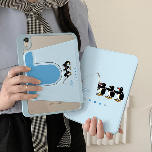 卡通钓鱼pingu企鹅360度旋转适用ipad12保护壳air8/7新款ipad11笔槽air6防摔11寸苹果平板保护套10.9女mini7