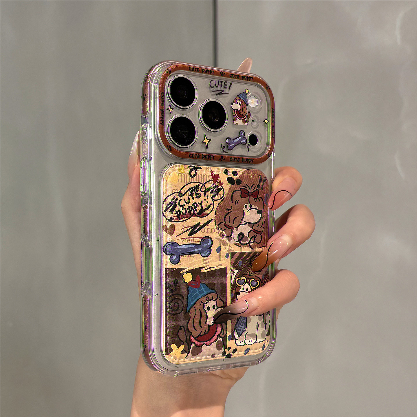 皮质复古卡通涂鸦小狗适用苹果18promax手机壳iphone17pro新款16pro个性创意15pro今年流行的全包防摔保护套