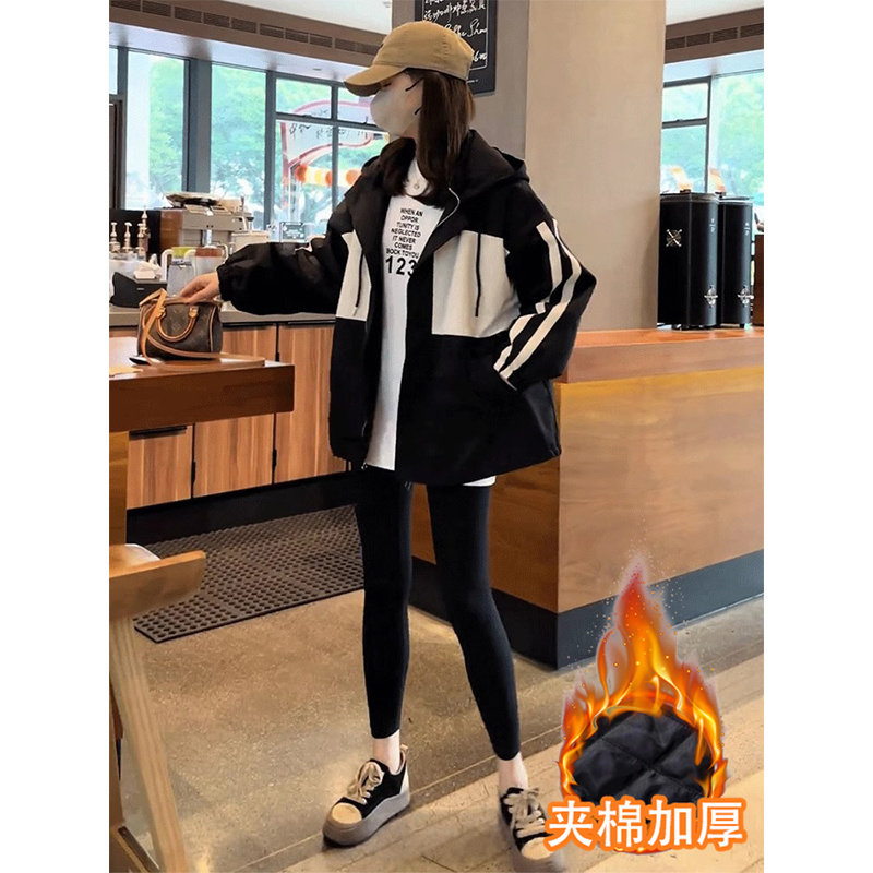 字母撞色防风冲锋衣外套女小个子2024秋冬季新款连帽oversize风衣