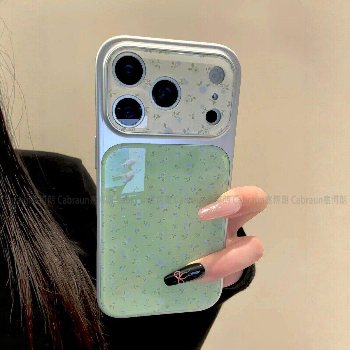 拼接小碎花叶子适用苹果17air手机壳十七六iPhone16pro新款金属漆仿原玻璃15Promax平果14plus翠绿13春日保护