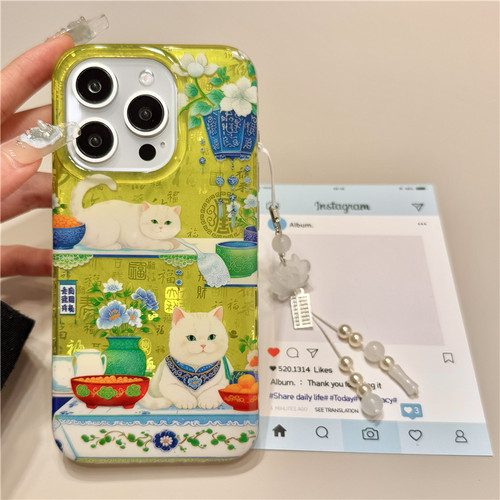 芥末绿百福图青花瓷小猫咪