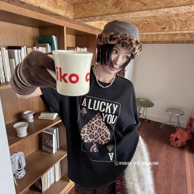 【FISHYU】十三行冬季复古加厚短袖t恤新款女豹纹黑桃印花25787