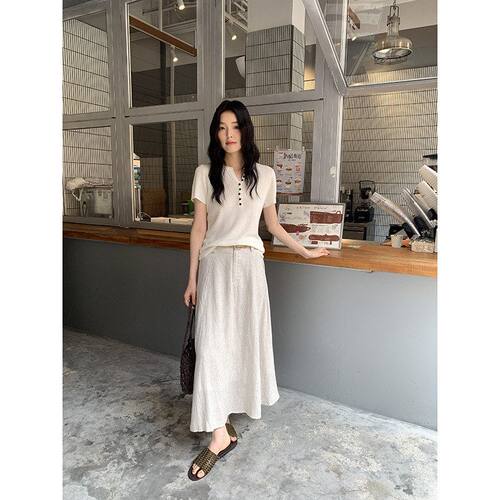 MMC配腰带亚麻高腰显瘦半身裙系