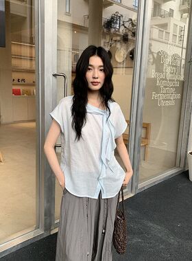 MMC斜领绑带设计感短袖小衫2026夏新款苎麻轻薄百搭衬衣62S52073