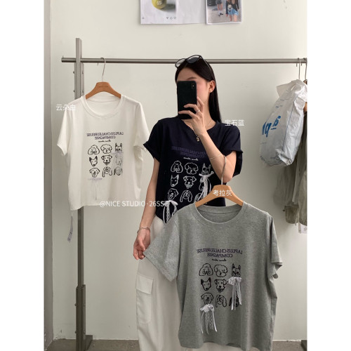 奶思家NICE STUDIO-夏上新韩系手绘小狗印花工艺短袖T恤女w63839
