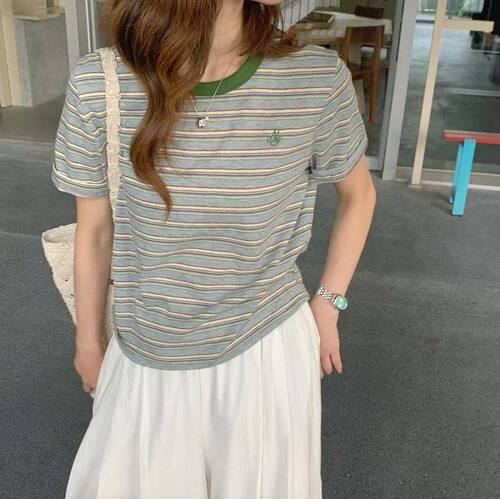 苏珊现货绿条纹短袖T恤女夏季