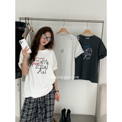 【奶思家NICE STUDIO】正品！韩版高级猫咪前后印大T短袖T恤08583