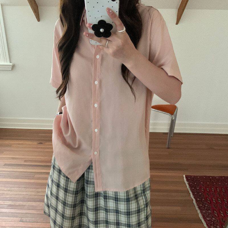 【you think】正品!夏季通勤韩系ins百搭短袖开衫天丝衬衣女2798