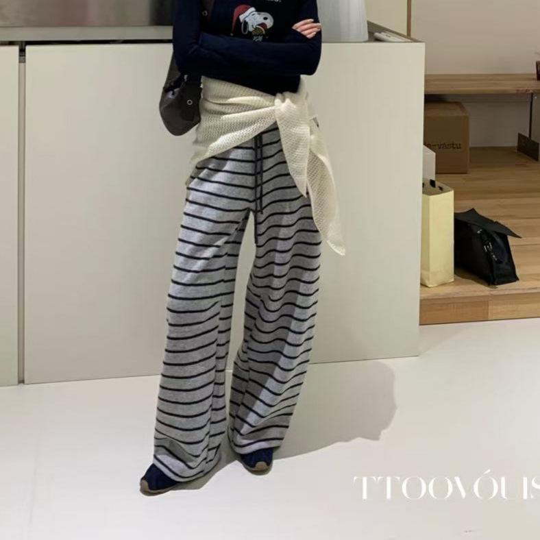 现货【TTOO VOUIS】冬季新款显瘦抽绳松紧腰加绒条纹休闲裤女2424