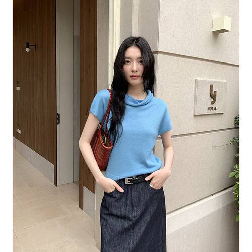 MMCDITION多色荡领短袖针织衫感