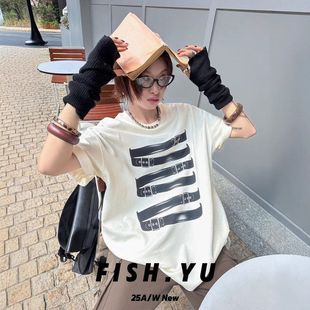 春季 正品 新款 美式 t恤25615 辣妹皮带印花宽松圆领短袖 FISHYU