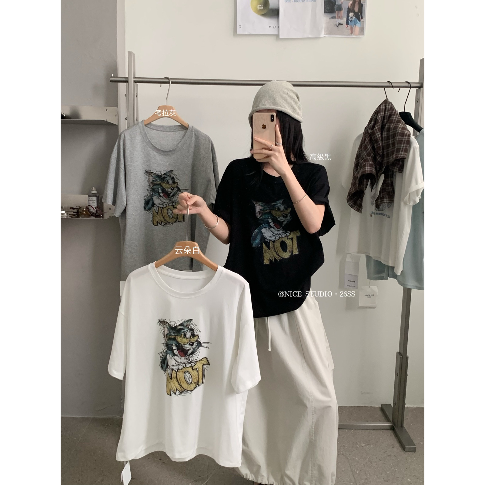 奶思家NICE STUDIO-夏上新韩系圆领汤姆猫印花宽松短袖T恤女L8891