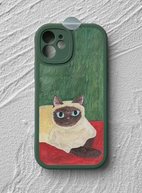可爱猫咪苹果16promax手机保护壳小众绿色iPhone14小米15新款vivos20荣耀90magic6华为pura70适用iqoo13艺术