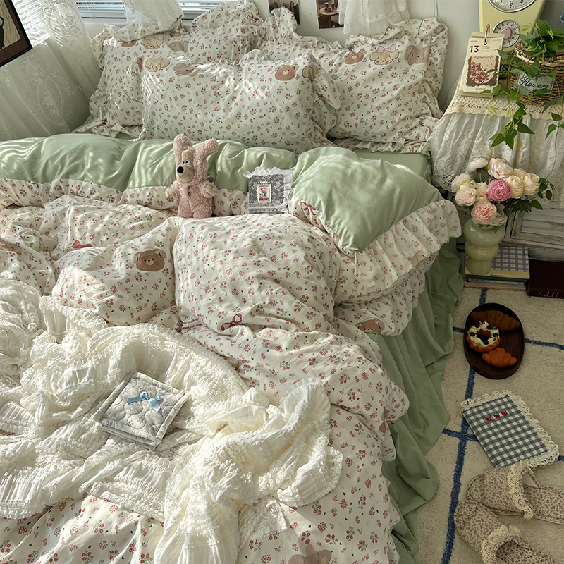 ins韩系小清新碎花床上四件套卡通水洗棉床裙被套床单宿舍三件套3