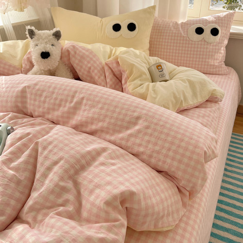 ins奶油粉格大眼床上四件套卡通毛巾绣水洗棉床单被套宿舍三件套4