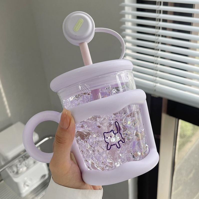吸管杯女生可爱新款玻璃水杯办公室高颜值茶水分离耐热带把手杯子