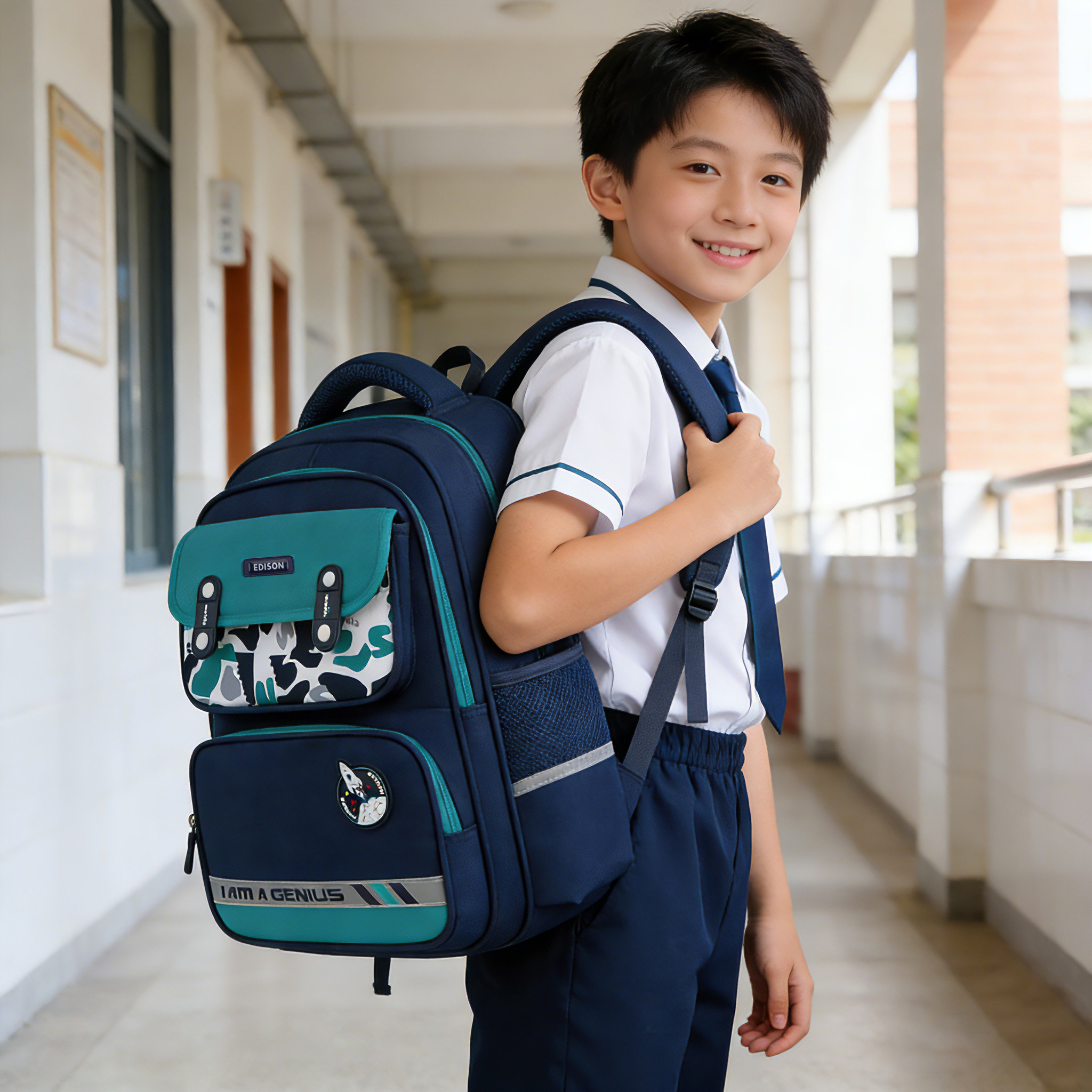 爱迪生小学生书包1-6年级护脊大容量防泼水男女儿童迷彩双肩背包