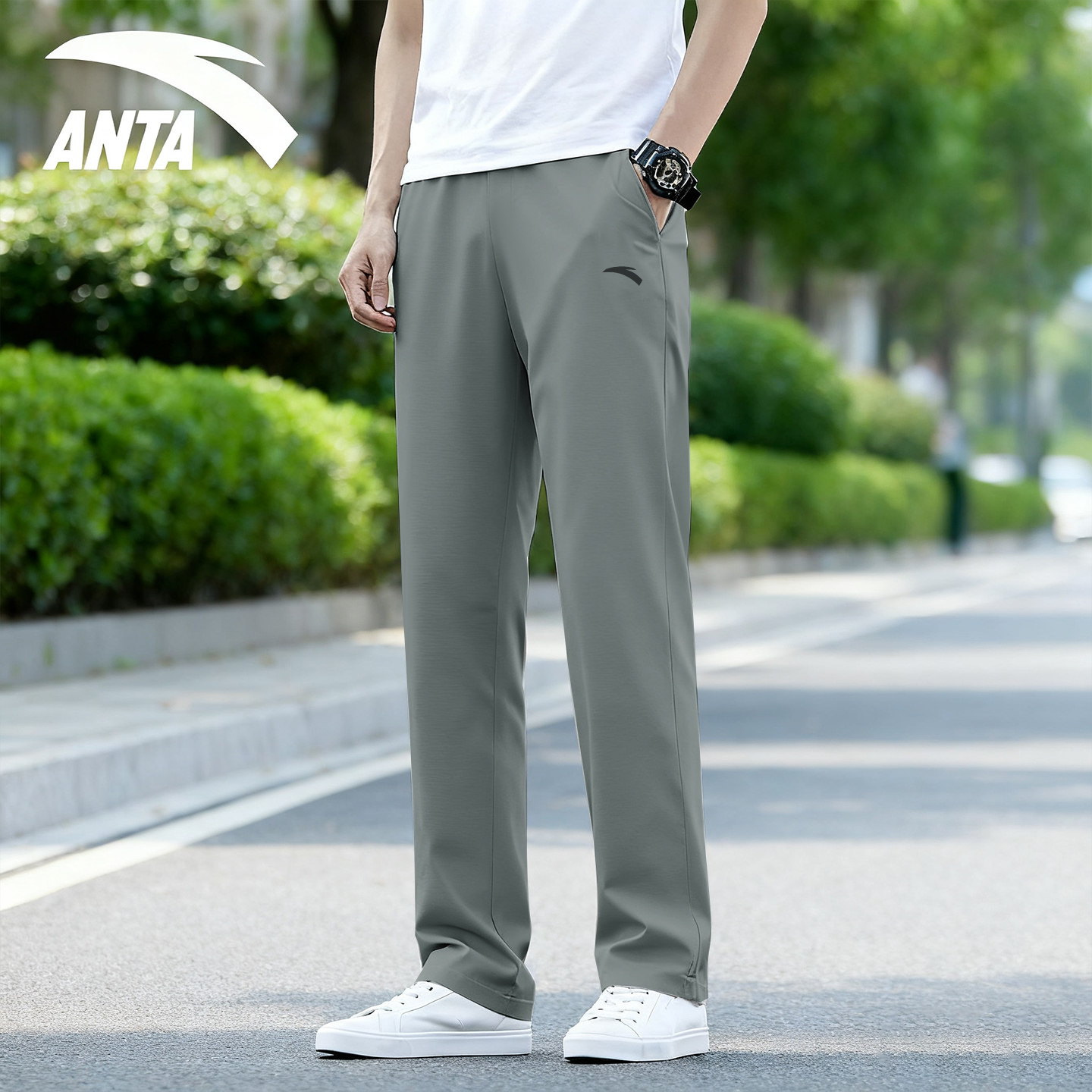 安踏运动裤男裤夏季款灰色薄款透气休闲冰丝速干跑步裤子直筒长裤