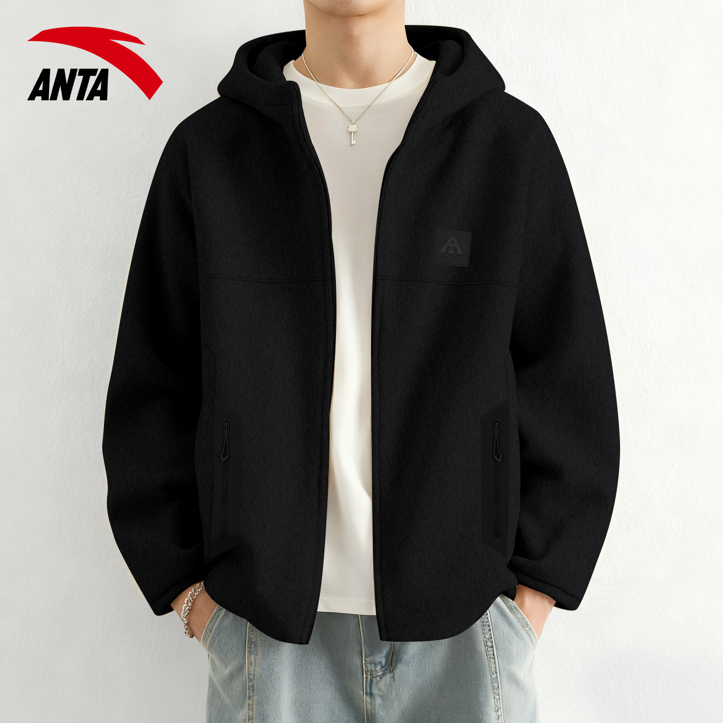 安踏连帽抓绒外套男冬季保暖防风