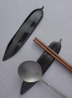 秋和岚匠柳叶复古304不锈钢双筷子托勺子收纳酒店公筷架双人黑色