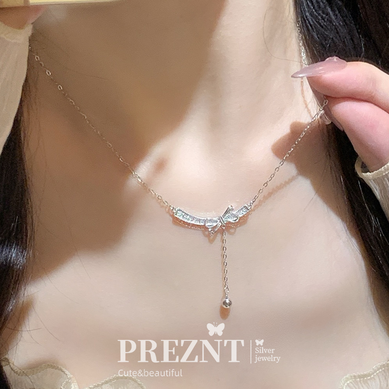 PREZNTS925银蝴蝶结流苏项链女