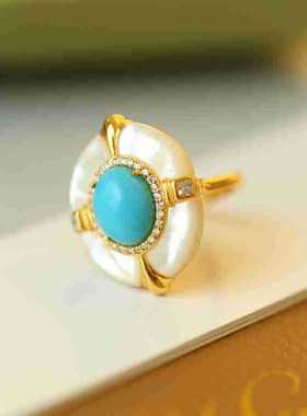 S925银镀18K金白贝天然绿松石四爪蛋面戒指个性小众复古轻奢