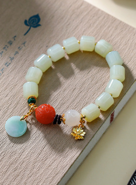 S925纯银镶和田玉手串精致DIY礼物送人典雅时尚复古桶珠新款新品