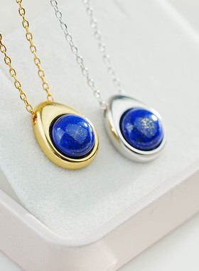 S925银镀18K金镶嵌天然青金石粉黄水晶水滴造型时尚百搭女士项链