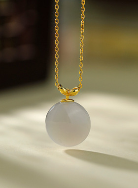 S925纯银镀18K金镶和田烟紫玉吊坠苹果设计圆形特别时尚简约礼物