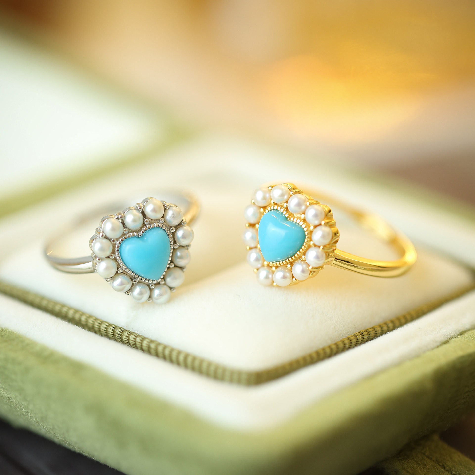 S925纯银镀18k金镶嵌绿松戒指爱心指环气质温柔精致精美潮流时尚