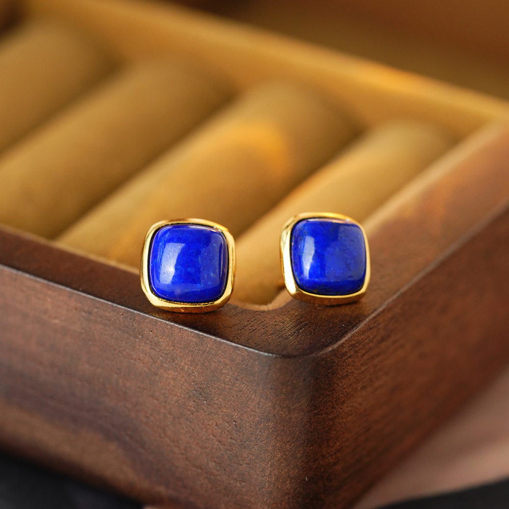 S925银镀18K金 镶嵌青金石耳钉方糖形简约小巧时尚精致百搭耳环