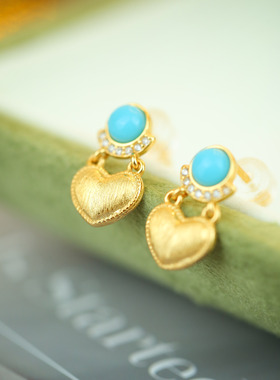 S925银镀18K金合成绿松石爱心耳饰吊坠女复古气质新款耳钉吊坠