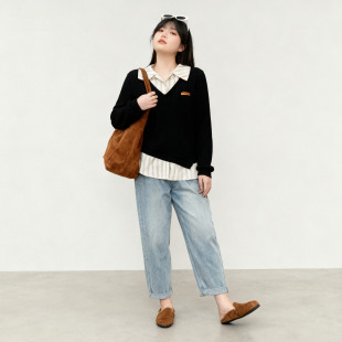 针织衫 条纹拼接假两件长袖 秋冬胖MM显瘦遮肉减龄正肩上衣 女装 大码