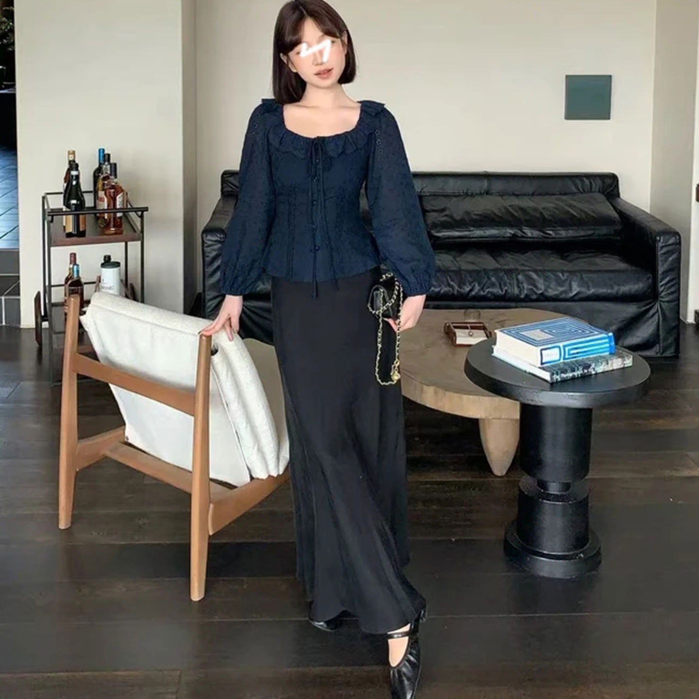 大码法式复古荷叶边方领长袖衬衫女秋季胖mm显瘦小众气质百搭上衣