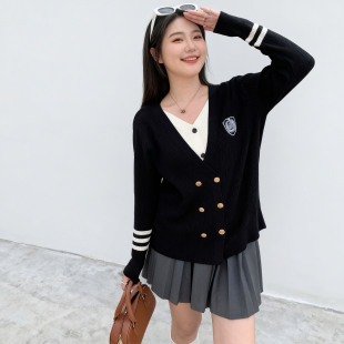 韩版 大码 上衣秋季 学院风双排扣假两件针织衫 胖MM显瘦毛衣上衣 女装