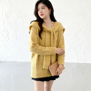 毛衣针织衫 设计感围巾长袖 女秋冬胖MM显瘦减龄小众上衣女 法式 大码