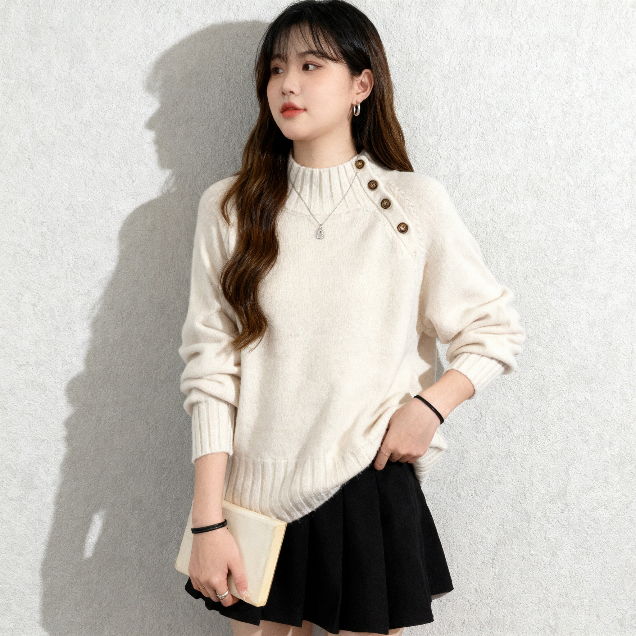 大码女装中领排扣插肩袖长袖毛衣秋冬微胖MM显瘦设计感针织衫上衣