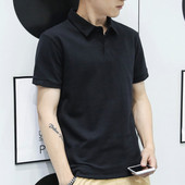 反领男衫 男装 体桖土丅 纯黑色男士 休闲翻领夏装 短袖 T恤有领子短衫