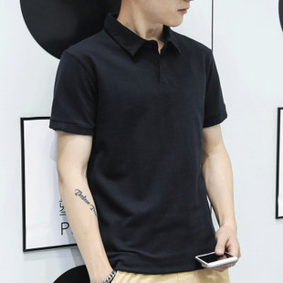 男装短袖T恤有领子短衫纯黑色男士休闲翻领夏装反领男衫体桖土丅